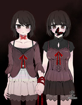 2girls above-cleavage_cutout amakura_mayu amakura_mio an_sin arm_at_side artist_name bare_shoulders black_background black_butterfly black_camisole black_hair black_shirt black_skirt bound bound_wrists brown_camisole brown_eyes brown_pantyhose bug butterfly butterfly_over_mouth camisole closed_mouth clothing_cutout collarbone covered_mouth fatal_frame fatal_frame_ii:_crimson_butterfly highres holding_hands insect interlocked_fingers looking_at_viewer miniskirt multiple_girls off-shoulder_shirt off_shoulder pantyhose rope shirt short_hair short_sleeves siblings simple_background sisters skirt standing three-quarter_sleeves twins twitter_username white_skirt