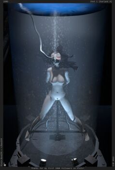 1girl 3d absurdres air_bubble arms_behind_back black_hair boxsfm_(artist) breasts bubble choker cinder_fall closed_eyes cuffs dark_room full_body highres looking_up medium_breasts oxygen_mask pubic_hair restrained rooster_teeth rwby sex_machine shackles spread_legs spreader_bar submerged trapped uncensored water water_tank