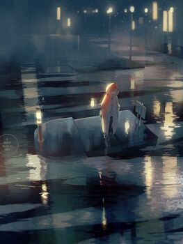 1boy black_eyes black_pants blonde_hair boat coat commentary dated_commentary fog full_body grey_shoes hands_in_pockets hood hood_up hooded_coat lamppost lantern loika long_sleeves looking_down male_focus night no_mouth original pants raincoat red_coat red_hood red_sleeves reflection reflective_liquid shirt shoes short_hair sign solo watercraft white_shirt