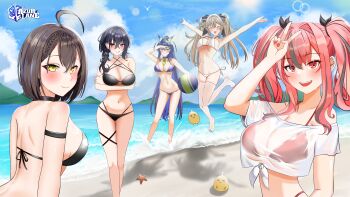 5girls absurdres ahoge anchorage_(azur_lane) anchorage_(dolphins_and_swim_lessons)_(azur_lane) azur_lane baltimore_(azur_lane) beach bikini black_bikini black_choker braid breasts bremerton_(azur_lane) brown_hair choker cleavage closed_mouth green_hair green_streaks highres large_breasts long_hair looking_at_viewer manjuu_(azur_lane) multi-strapped_bikini_bottom multicolored_hair multiple_girls new_jersey_(azur_lane) new_jersey_(midsummer_leisure)_(azur_lane) official_alternate_costume onion_fried20 outdoors pink_eyes pink_hair pittsburgh_(azur_lane) purple_hair red_bikini red_eyes red_nails sand short_hair smile starfish streaked_hair swimsuit twintails v very_long_hair water yellow_eyes