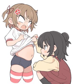 2girls anger_vein angry belly black_buruma black_hair black_socks blush brown_hair buruma clothes_grab clothes_lift commentary cropped_legs dress grabbing_another's_shirt gym_shirt gym_uniform hair_bun hair_ribbon highres jitome ketsu_juuji_killer_(kejuki) lifting_another's_clothes long_sleeves marui_hitoha marui_mitsuba mitsudomoe_(manga) muffin_top multiple_girls name_tag navel open_mouth pinafore_dress red_dress red_ribbon ribbon shirt shirt_lift short_sleeves simple_background sleeveless sleeveless_dress socks squatting striped_clothes striped_thighhighs sweatdrop thighhighs v-shaped_eyes white_background white_shirt wide_oval_eyes