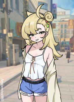 1girl absurdres alternate_costume artist_name arutemisu180 bare_shoulders blonde_hair blue_shorts blurry blurry_background blush breasts cleavage collarbone commentary cowboy_shot english_commentary game_screenshot_background green_eyes half-closed_eyes highres jacket jacket_partially_removed long_hair looking_at_viewer midriff_peek outdoors parted_lips piper_wheel screenshot_background shirt shorts small_breasts smile solo thick_eyebrows white_shirt zenless_zone_zero