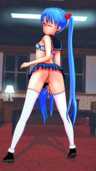 1girl 3d anus ass bare_arms bare_shoulders black_footwear blue_hair blush breasts ceiling_light collar earrings embarrassed feet female_focus freckles from_behind full_body hair_bobbles hair_ornament highres indoors jewelry kyoshourz loli long_hair long_twintails looking_at_viewer looking_back masaki_sasami_jurai microskirt midriff nail_polish night no_bra no_panties pink_eyes pink_nails pussy school_uniform serafuku skirt small_breasts solo standing table tenchi_muyou! thighhighs tiptoes twintails uncensored very_long_hair white_thighhighs window