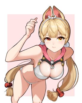 1girl adapted_costume alice_thymefield alice_thymefield_(sea_of_thyme) animal_ear_fluff animal_ears arm_up bare_shoulders bikini blonde_hair border breasts closed_mouth collarbone commentary cowboy_shot hair_ornament hairband heterochromia heut highres large_breasts leaning_forward long_hair looking_at_viewer low_twintails navel pink_background rabbit_ears rabbit_girl red_eyes solo sphere_hair_ornament swimsuit symbol-only_commentary twintails white_bikini white_border white_hairband yellow_eyes zenless_zone_zero