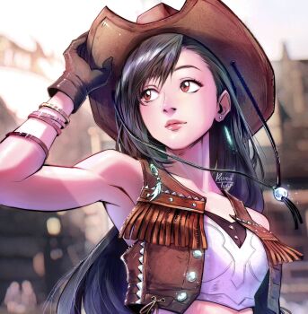 1girl armpits artist_name bare_shoulders beads black_gloves black_hair blurry blurry_background bracelet breasts brown_hat brown_vest building closed_mouth cowboy_hat crisis_core_final_fantasy_vii crop_top cropped_vest earrings final_fantasy final_fantasy_vii final_fantasy_vii_rebirth final_fantasy_vii_remake fringe_trim gloves hair_beads hair_behind_ear hair_ornament hand_on_headwear hand_up hat highres jewelry kuroiitulip lips long_hair looking_to_the_side medium_breasts midriff nibelheim official_alternate_costume open_clothes open_vest pink_lips red_eyes solo tifa_lockhart tifa_lockhart_(cowgirl) upper_body vest