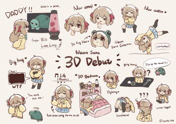 1girl :d :o ? ?? ahoge arrow_(symbol) asymmetrical_legwear bed black_socks black_thighhighs blue_bow blue_bowtie blue_eyes blue_sailor_collar blue_skirt bow bowtie brown_background brown_hair cardigan cartwheel character_name chibi chibi_only clenched_hands closed_eyes closed_mouth clothes_pin covering_own_eyes covering_own_mouth frog_hat full_body green_hat hair_between_eyes hair_ornament hair_ribbon half-closed_eyes hat heart heart_hair_ornament highres holding holding_microphone jitome kasoke308 knee_up lava_lamp long_hair long_sleeves microphone model_clipping multiple_views music musical_note neuro-sama off_shoulder open_mouth picture_frame pillow pointing_out_the_details raised_eyebrow raised_eyebrows red_ribbon ribbon sailor_collar siblings singing sitting skirt smile socks solid_oval_eyes speech_bubble squatting standing star-shaped_pillow stuffed_toy sword television thighhighs turtle two_side_up v-shaped_eyebrows vedal987 vedal_ai virtual_youtuber weapon yellow_cardigan