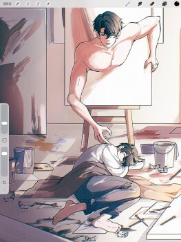 2boys arm_pillow art_program_in_frame barefoot black_hair blanket bucket closed_eyes curled_up curtained_hair easel highres imgeun kim_dokja lying male_focus multiple_boys omniscient_reader&#039;s_viewpoint on_floor on_side painting_(object) reaching reaching_towards_another short_hair through_medium topless_male yoo_joonghyuk
