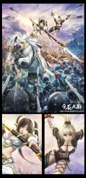 2girls 6+boys architecture armor arrow_(projectile) barding battle blonde_hair brown_hair dagger eat eat0123 helmet highres horse horseback_riding knife lips long_hair mountain multiple_boys multiple_girls original polearm realistic riding spear weapon