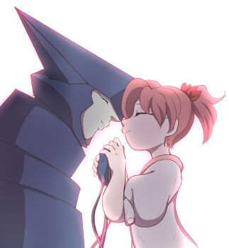 Rule 34 | 1boy, 1girl, age difference, android, armor, asagi marin, bow, brigadoon, brown hair, closed eyes, facing another, hetero, highres, holding hands, melan blue, ponytail, profile, red bow, rikutou (banamiso), shirt, short ponytail, short sleeves, simple background, smile, white background, white shirt