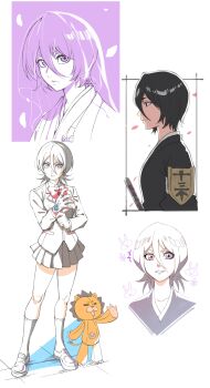 1boy 4girls absurdres animal_print badge black_hair black_kimono bleach blue_eyes border closed_mouth collarbone collared_shirt commentary cropped_torso doodle_inset double-parted_bangs english_commentary english_text eyelashes facing_to_the_side falling_petals fingerless_gloves from_side fukutaichou_badge full_body gloves hair_between_eyes highres jacket japanese_clothes karakura_high_school_uniform kimono kon_(bleach) kuchiki_rukia limited_palette lips long_sleeves looking_ahead looking_at_viewer looking_to_the_side medium_hair milestone_celebration multiple_girls multiple_persona neck_ribbon nose outside_border parted_lips petals pleated_skirt portrait profile purple_background purple_eyes purple_theme putting_on_gloves rabbit_print ribbon school_uniform shaolong shirt short_eyebrows short_hair simple_background single_fingerless_glove single_glove sketch skirt smile socks solo speech_bubble standing straight-on straight_hair stuffed_animal stuffed_lion stuffed_toy tsurime upper_body v-shaped_eyebrows veil white_background white_border