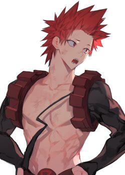 1boy absurdres boku_no_hero_academia commentary_request dirty hands_on_own_hips highres kirishima_eijiro korean_commentary looking_to_the_side male_focus misa_(jjin_miryeon) navel no_nipples open_mouth pectorals red_eyes sharp_teeth short_hair simple_background solo spiked_hair superhero_costume teeth toned toned_male upper_body white_background