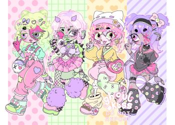 4girls animal-shaped_clothes animal_hat asymmetrical_legwear backpack bag bandaid bandaid_on_face bandaid_on_leg bandaid_on_nose blood bone bow bracelet braid candy candy_gore cat_hat chain coffin-shaped_bag collar colored_eyelashes colored_skin commentary crop_top curly_hair diagonal-striped_background double_bun dripping english_commentary exposed_bone eye_print eyeball eyeball_hair_ornament fake_horns fishnets food frown full_body ghoulkiss gradient_hair green_background green_bag green_eyes green_hair green_shirt green_skin grey_eyes grey_leg_warmers grey_shirt grey_skin grid_background hair_bow hair_bun hair_ornament hairclip hat heart heart-shaped_bag heart_background heart_hair_ornament heart_necklace heart_sticker highres horns jewelry leg_bow leg_warmers leggings lollipop low_twintails missing_eye multicolored_hair multiple_bracelets multiple_girls multiple_piercings multiple_rings necklace original overalls pastel_colors pastel_goth patchwork_clothes patchwork_skin patterned_background pink_background pink_bag pink_blood pink_eyes pink_hair pink_overalls pink_sailor_collar pink_shoes pink_shorts pink_skin pink_skirt plaid_clothes plaid_skirt polka_dot polka_dot_background polka_dot_sweater purple_background purple_bow purple_eyes purple_hair purple_horns purple_leggings purple_lips purple_shirt ring sailor_collar shirt shoes short_twintails shorts shoulder_bag skirt smile snakebite_(piercing) spiked_bag star_(symbol) star_print star_sticker sticker sticker_on_face stitched_arm stitched_face stitched_leg stitches striped_arm_warmers striped_background sweater thighhighs tongue tongue_out twin_braids twintails unmoving_pattern v waist_bow walking white_bag white_bow yellow_background yellow_leg_warmers yellow_sweater zombie