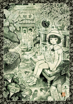 3girls animal bench bird blush book bookshelf bottle bow bowl building crystal flower fractal_underground_studio from_behind geode globe hair_bow hat holding holding_book kneehighs long_hair looking_back monochrome multiple_girls neck_ribbon on_bench original puffy_sleeves reading ribbon rock shirt shoes short_hair short_sleeves sitting socks traditional_media walking