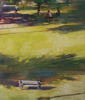 4boys ball bench blue_shorts day grass highres kazuho_iwamoto multiple_boys oil_painting_(medium) original painting_(medium) park park_bench playing red_footwear running scenery shadow shirt short_sleeves shorts sunlight traditional_media tree_shade white_shirt