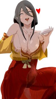 1girl alcohol bare_shoulders black_hair bomu_(pixiv94832069) boruto:_naruto_next_generations breasts clothes_pull collarbone drunk feet_out_of_frame female_focus grey_eyes hair_between_eyes hakama hakama_skirt hands_up hyuuga_hanabi index_finger_raised japanese_clothes large_breasts long_hair long_sleeves looking_at_viewer naruto_(series) naughty_face open_mouth orange_shirt pointing pointing_down red_skirt sake see-through_clothes see-through_skirt shirt shirt_pull sidelocks simple_background skirt smile solo standing straight-on teeth upper_teeth_only wet wet_clothes white_background