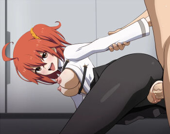 1boy 1girl blush breasts censored circle_anco fate/grand_order fate_(series) fujimaru_ritsuka_(female) nipples open_mouth pantyhose penis pussy red_hair sex short_hair vaginal
