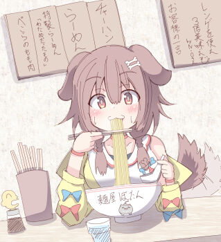 1girl :3 afterimage animal_ears bare_shoulders blue_bow blush bone_hair_ornament bow braid breasts brown_hair cartoon_bone choker chopsticks closed_mouth collarbone commentary_request dog_ears dog_girl dog_tail dress eating food hair_between_eyes hair_ornament hair_over_shoulder highres holding holding_chopsticks hololive inugami_korone inugami_korone_(1st_costume) jacket listener_(inugami_korone) long_hair long_sleeves low_twintails medium_breasts noodles open_clothes open_jacket puffy_long_sleeves puffy_sleeves red_bow red_choker red_eyes sleeveless sleeveless_dress solo_focus sweat tail tail_wagging translation_request twin_braids twintails umberblack virtual_youtuber white_dress yellow_jacket