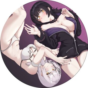 2girls absurdres bikini black_choker black_coat black_hair breasts choker closed_mouth coat fur-trimmed_coat fur_trim grey_hair highres hololive hololive_english large_breasts long_hair looking_at_viewer mmneko multiple_girls navel shiori_novella smile swimsuit virtual_youtuber white_bikini yellow_eyes