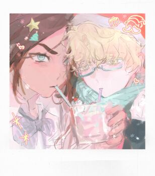 1boy 1girl alien_stage blonde_hair blue_eyes blue_scarf brown_hair chinese_commentary christmas_tree_hair_ornament colored_eyelashes commentary_request cup dark-skinned_female dark_skin drinking hair_ornament hat heart highres holding holding_cup hyuna_(alien_stage) luka_(alien_stage) red_hat santa_hat scarf shared_drink star_(symbol) star_hair_ornament xibei_kanwang yellow_eyes