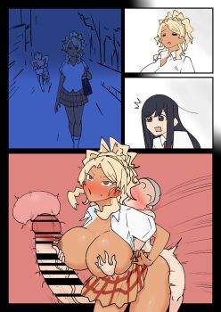 1boy 2girls :o =_= age_difference bar_censor blonde_hair blush breasts breasts_out brown_eyes censored clothed_female_nude_male clothed_sex food_court_de_mata_ashita grabbing_another's_breast grabbing_from_behind groping gyaru highres huge_breasts huge_penis long_hair looking_at_viewer molestation multiple_girls night nipples nude open_mouth penis ponytail rape school_uniform shota size_difference surprised tan vaginal veins veiny_penis wada_(food_court) x-ray yamamoto_(food_court)