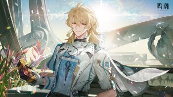 Rule 34 | 1boy, absurdres, blonde hair, box, chinese commentary, closed mouth, coat, colored tips, commentary, commentary request, english commentary, hair between eyes, highres, holding, holding box, jacket, logo, long hair, looking at viewer, luuk herssen (wuthering waves), male focus, multi-source commentary, multicolored hair, official art, red eyes, smile, solo, upper body, white coat, white jacket, wind, wuthering waves