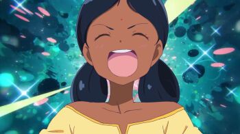 1girl bindi black_hair closed_eyes commentary_request dark-skinned_female dark_skin double_bun gundam gundam_gquuuuuux hair_bun lalah_sune laughing long_hair mobile_suit_gundam off_shoulder open_mouth pororokka_(secretman) shirt solo upper_body yellow_shirt