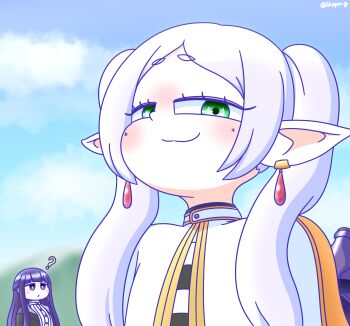 Rule 34 | 2girls, :3, ?, black robe, blunt bangs, capelet, closed mouth, cloud, earrings, elf, fern (sousou no frieren), frieren, green eyes, highres, jewelry, long hair, looking at viewer, meme, multiple girls, outdoors, pointy ears, purple eyes, purple hair, robe, sky, smug, soto no hito, sousou no frieren, teardrop earrings, twintails, upper body, upward angle frieren drawing (meme), white capelet, white hair