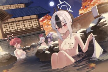 4girls alternate_hairstyle aru_(blue_archive) black_hair black_nails blue_archive breasts closed_eyes commentary_request completely_nude covering_breasts covering_privates grey_halo hair_bun halo haruka_(blue_archive) jmao kayoko_(blue_archive) large_breasts long_hair multiple_girls mutsuki_(blue_archive) naked_towel nude onsen open_mouth parted_lips partially_submerged pink_halo ponytail problem_solver_68_(blue_archive) purple_eyes purple_hair purple_halo red_eyes red_hair red_halo small_breasts towel white_hair