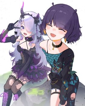 2girls :d absurdres asymmetrical_clothes besi_(besidoesart) between_legs boots broken_horn chest_jewel choker commentary cross-laced_clothes cross-laced_dress fake_horns fang gem hair_ornament hand_between_legs highres hololive hololive_english horns kneehighs koseki_bijou koseki_bijou_(gore_magala) lace-up_boots long_hair monster_hunter_(series) monster_hunter_wilds multicolored_gem multiple_girls ninomae_ina'nis ninomae_ina'nis_(nu_udra) open_mouth paint_on_clothes pants purple_eyes purple_hair simple_background single_off_shoulder single_pantsleg sitting smile socks symbol-only_commentary torn_clothes torn_pants v virtual_youtuber wallet_chain