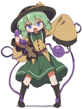 Rule 34 | 1girl, black hat, black shoes, blue eyes, commentary, frilled sleeves, frills, full body, green hair, green sailor collar, green skirt, hat, hat ribbon, highres, holding, holding phone, komeiji koishi, korean commentary, long sleeves, looking at viewer, magg (user mtca8588), open mouth, phone, ribbon, sailor collar, shirt, shoes, short hair, simple background, skirt, solo, standing, third eye, touhou, white background, wide sleeves, yellow ribbon, yellow shirt