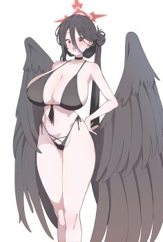 1girl absurdres bare_shoulders bikini black_bikini black_hair black_wings blue_archive blush breasts choker cleavage collarbone front-tie_bikini_top front-tie_top groin hair_between_eyes hair_bun halo hand_on_own_hip hasumi_(blue_archive) hasumi_(swimsuit)_(blue_archive) highres huge_breasts long_hair long_hair_between_eyes looking_at_viewer low_wings navel open_mouth red_eyes red_halo s10021 side-tie_bikini_bottom side_ponytail single_side_bun solo swimsuit thighs very_long_hair wings