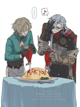 2boys aqua_shirt armor aventurine_(honkai:_star_rail) belt black_belt black_collar black_eyes black_gloves black_hair black_jacket black_pants blonde_hair boothill_(honkai:_star_rail) bottle broccoli brown_belt bullet_earrings cape closed_eyes closed_mouth clothing_cutout collar collared_shirt cowboy_shot cyborg earrings food gloves grey_armor grey_hair hair_over_one_eye heart_cutout highres holding holding_bottle honkai:_star_rail honkai_(series) jacket jewelry ketchup ketchup_bottle long_hair long_sleeves looking_at_food looking_down male_focus mechanical_arms mechanical_hands multicolored_hair multiple_boys musical_note no_headwear obibi1105 omelet omurice open_mouth pants plate puffy_long_sleeves puffy_sleeves red_cape red_pupils sheriff_badge shirt simple_background single_earring smile speech_bubble spoken_musical_note spoon standing star_(symbol) sweatdrop table teeth tongue tongue_out two-tone_hair watermark white_background white_pants zipper