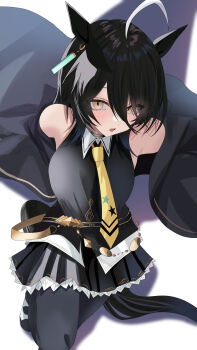 Rule 34 | 1girl, absurdres, ahoge, alternate hair length, alternate hairstyle, animal ears, bare shoulders, black choker, black coat, black hair, black pantyhose, black shirt, black shoes, black skirt, blush, choker, coat, collared shirt, commentary, ear tag, earrings, eyes visible through hair, hair between eyes, hair over one eye, highres, horse ears, horse girl, horse tail, jewelry, kirameki (rikukaikuu), looking at viewer, manhattan cafe (creeping shadow) (umamusume), manhattan cafe (umamusume), multicolored hair, necktie, open clothes, open coat, open mouth, pantyhose, shirt, shoes, short hair, single earring, skirt, sleeveless, sleeveless shirt, solo, tail, umamusume, white hair, wolf cut, yellow eyes, yellow necktie