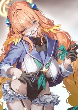 1girl absurdres ahoge black_garter_straps black_gloves black_leotard blue_archive blue_eyes blue_sailor_collar blush bow breasts garter_straps glasses gloves green_bow green_neckerchief hair_bow half_gloves halo head_wings highres large_breasts leotard long_hair neckerchief netural official_alternate_costume open_mouth orange_hair sailor_collar shimiko_(blue_archive) shimiko_(magical)_(blue_archive) smile solo very_long_hair wings