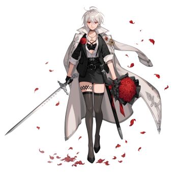 1girl absurdres artist_request black_gloves black_shoes black_survival bouquet boutonniere closed_mouth coat coat_on_shoulders commentary english_commentary flower gloves hair_between_eyes highres holding holding_bouquet holding_sword holding_weapon jackie_quilt jewelry necklace official_art petals red_eyes red_flower red_rose rose scabbard scar scar_on_face sheath shoes skirt sleeves_rolled_up smile solo sword third-party_source transparent_background weapon white_hair