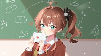 1girl ahoge black_ribbon blazer bow bowtie brown_hair brown_jacket cat_hair_ornament chalkboard collared_shirt commentary_request double-parted_bangs envelope felixkohai green_eyes hair_between_eyes hair_ornament hair_ribbon hands_up heart heart_in_eye highres holding holding_envelope hololive indoors jacket looking_at_viewer medium_hair natsuiro_matsuri open_mouth orange_bow orange_bowtie ribbon shirt side_ponytail sidelocks solo sweater symbol_in_eye upper_body v-neck virtual_youtuber white_shirt yellow_sweater