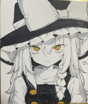 1girl black_hat black_vest bow braid closed_mouth commentary_request dated hair_between_eyes hair_bow hat hat_bow highres hisha_(kan_moko) kirisame_marisa long_hair looking_at_viewer marker_(medium) shikishi shirt signature single_braid solo spot_color touhou traditional_media upper_body v-shaped_eyebrows vest white_bow white_shirt witch_hat yellow_eyes