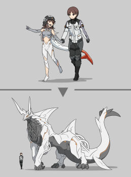 1girl 1other androgynous black_hat black_pants bodysuit brown_eyes brown_hair giant giant_monster gradient_hair grey_background grey_bodysuit hat highres holding_hands jacket layer_(reishuu) long_hair long_sleeves monster_girl multicolored_hair navel original pants red_eyes sequential short_hair simple_background tail white_hair white_jacket