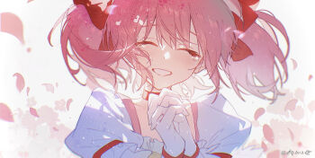 1girl absurdres blush closed_eyes cloudyman commentary english_commentary gloves grin hair_ribbon happy_tears highres kaname_madoka mahou_shoujo_madoka_magica mahou_shoujo_madoka_magica_(anime) pink_hair puffy_sleeves red_ribbon ribbon shirt short_twintails smile solo tears twintails upper_body white_gloves white_shirt