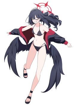 1girl bikini black_bikini black_wings blue_archive closed_eyes commentary_request cu_cu_cu feathered_wings halo highres ichika_(blue_archive) ichika_(swimsuit)_(blue_archive) jacket low_wings multi-strapped_bikini_bottom multicolored_jacket navel o-ring o-ring_bikini o-ring_top official_alternate_costume red_halo simple_background smile solo swimsuit two-sided_fabric two-sided_jacket white_background wings