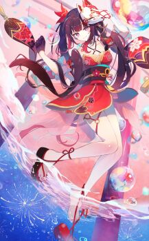 1girl absurdres black_gloves breasts brown_hair chest_tattoo closed_mouth collarbone fox_mask geta gloves hair_ornament hatsune_miku highres honkai:_star_rail honkai_(series) japanese_clothes kimono light_blush long_hair looking_at_viewer mask medium_breasts mole mole_under_each_eye mole_under_eye multiple_moles multiple_torii nail_polish o-ring o-ring_thigh_strap red_kimono red_nails sandals single_glove smile solo tattoo thigh_strap toenail_polish toenails torii twintails very_long_hair yu_no6767