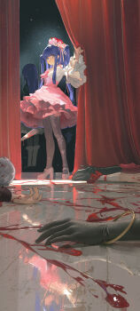 2girls absurdres bad_source blood blood_on_ground blue_eyes blunt_bangs character_request check_character check_copyright closed_mouth copyright_request curtains death dress furudo_erika hat highres higurashi_no_naku_koro_ni holding holding_knife knife long_hair long_sleeves looking_at_viewer multiple_girls pantyhose pink_dress pink_ribbon purple_hair ribbon shoes smile solo_focus standing toto_(caaaaarrot) twintails white_shoes