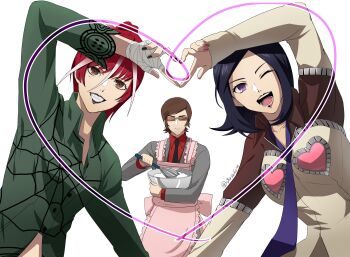 2girls amano_maya apron black_hair breasts brown_hair closed_mouth glasses highres igusaharu jacket lipstick long_hair makeup medium_breasts multiple_girls nail_polish necktie open_mouth persona persona_2 persona_2_batsu serizawa_ulala short_hair simple_background smile spider_web_print suou_katsuya white_background