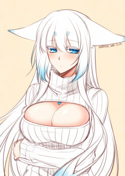 Rule 34 | 1girl, animal ears, blue eyes, blush, breasts, cleavage, cleavage cutout, closed mouth, clothing cutout, dated, ears down, female focus, fox ears, gradient hair, hair between eyes, jewelry, konshin, large breasts, long hair, long sleeves, looking at viewer, multicolored hair, necklace, open-chest sweater, orie mishiro, original, ribbed sweater, short eyebrows, signature, solo, sweater, upper body, white hair