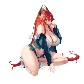 1girl absurdres antenna_hair artist_name bandaid bandaid_on_face bandaid_on_nose bare_legs bare_shoulders belly belt black_belt black_horns blue_jacket blue_shorts blush bracelet breasts camisole cleavage closed_mouth collarbone commentary crop_top cutoffs denim denim_jacket denim_shorts earrings goddess_of_victory:_nikke hair_between_eyes hand_on_own_cheek hand_on_own_face hand_up high_ponytail highres horns huge_breasts jacket jewelry kneeling long_hair looking_at_viewer mechanical_horns micro_shorts n_hiu navel necklace no_socks off_shoulder official_alternate_costume official_alternate_hairstyle open_belt open_clothes open_jacket open_shorts panties ponytail red_hair red_hood_(nikke) red_hood_(retro_days)_(nikke) ribbed_camisole ribbed_panties shoes shorts side-tie_panties sidelocks simple_background smile sneakers solo string_panties thighs tiptoes underwear untied_shoelaces very_long_hair white_background white_camisole white_panties white_shoes yellow_eyes