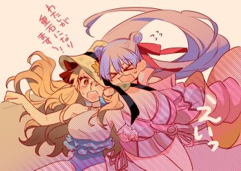 &gt;_&lt; 2girls bare_legs bare_shoulders blonde_hair blush closed_eyes cowboy_shot double_bun ereshkigal_(fate) ereshkigal_(swimsuit_beast)_(fate) fate/grand_order fate_(series) frilled_one-piece_swimsuit frills goshiko86g hair_bun hair_ribbon halter_leotard halterneck hat jacket leotard long_hair looking_at_viewer multiple_girls one-piece_swimsuit passionlip_(fate) passionlip_(swimsuit_saber)_(first_ascension)_(fate) pink_jacket red_ribbon ribbon shouting sun_hat sweatdrop swimsuit