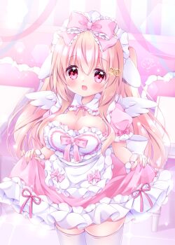 1girl apron bed blonde_hair blush breasts breasts_out censored chiika_(cure_cherish) cleavage cleavage_cutout clothes_lift clothing_cutout dress frilled_apron frilled_dress frilled_skirt frills hair_between_eyes hair_ornament hair_ribbon hairpin large_breasts long_hair looking_at_viewer maid maid_apron maid_headdress medium_breasts mosaic_censoring open_mouth original pillow pink_dress ribbon skirt skirt_hold skirt_lift smile solo very_long_hair yume_kawaii