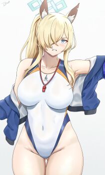 Rule 34 | 1girl, absurdres, animal ears, blonde hair, blue archive, blue eyes, blue halo, blue jacket, breasts, covered navel, cowboy shot, dog ears, gluteal fold, groin, hair over one eye, halo, highleg, highleg one-piece swimsuit, highres, jacket, kanna (blue archive), kanna (swimsuit) (blue archive), large breasts, lifeguard, off shoulder, one-piece swimsuit, ponytail, sharp teeth, simple background, solo, swimsuit, tacticsalt, teeth, whistle, whistle around neck, white background, white one-piece swimsuit