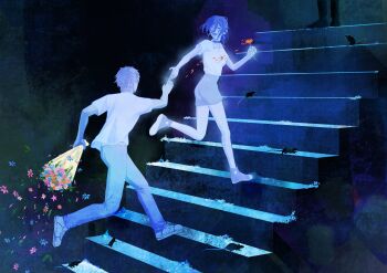 1boy 2girls absurdres blue_choker blue_flower blue_hair blue_pants bouquet chainsaw_man choker denji_(chainsaw_man) domiiomii flower grey_hair grey_shorts highres holding holding_bouquet holding_flower makima_(chainsaw_man) mouse_(animal) multiple_girls on_stairs pants pink_flower red_flower reze_(chainsaw_man) running shirt short_hair shorts stairs white_shirt