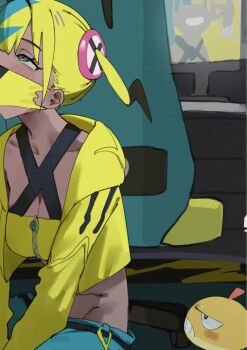 1girl animated aqua_hair bandeau black_mask blonde_hair blue_eyes breasts canari_(pokemon) criss-cross_halter dark-skinned_female dark_skin gen_5_pokemon halterneck highres implied_fellatio jacket lonklink looking_at_viewer mask mask_lift medium_breasts mouth_mask multicolored_hair naughty_face nintendo paid_reward_available pokemon pokemon_(creature) pokemon_legends:_z-a scraggy short_twintails smile split-color_hair tagme tongue tongue_out twintails two-tone_hair two-tone_mask video yellow_bandeau yellow_jacket yellow_mask zipper